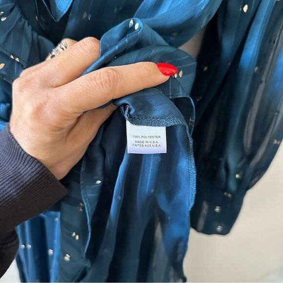 Misa Los Angeles Blue Ruffle Maxi Faux Wrap Long Sleeve V Neck Semi Sheer Dress - Picture 8 of 8